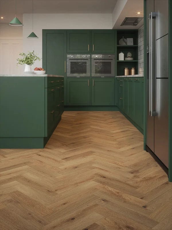 Load image into Gallery viewer, mountain trail wood block rustic oak herringbone flooring displayed in a kitchen

