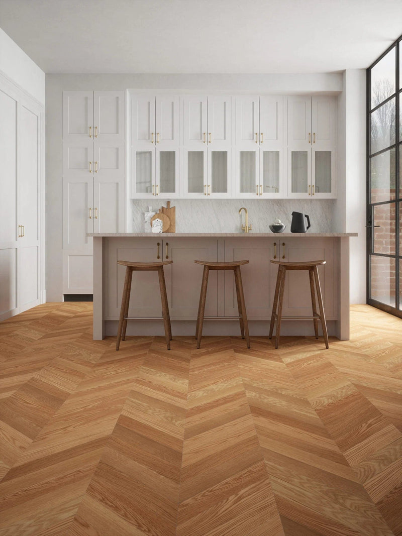 Załaduj obraz do przeglądarki galerii, mountain rustic oak chevron flooring displayed in a kitchen
