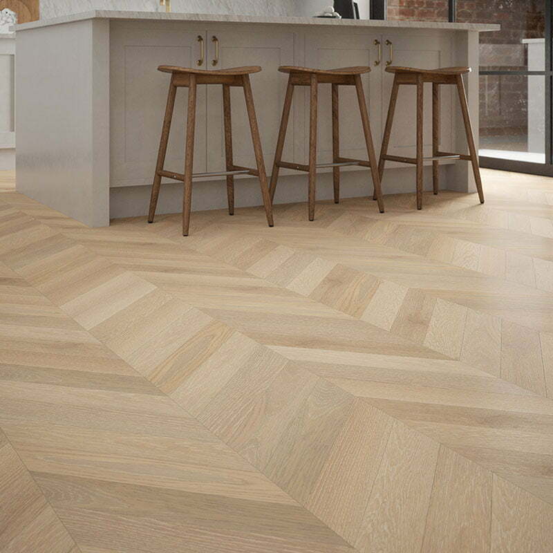 Load image into Gallery viewer, mountain shale chevron rustic oak grey flooring displayed in a kitchen
