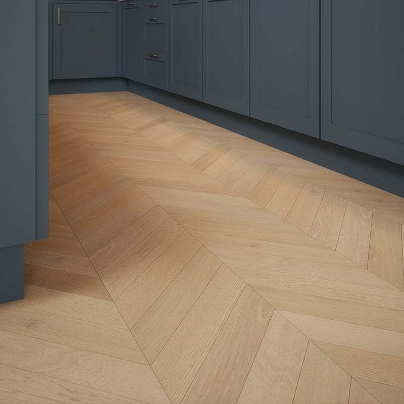 Load image into Gallery viewer, mountain mist chevron rustic oak flooring displayed in a kitchen
