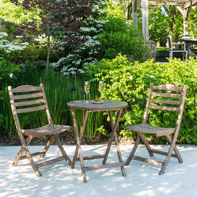 Load image into Gallery viewer, brown wooden tea for two set with 2 chairs and 1 round table
