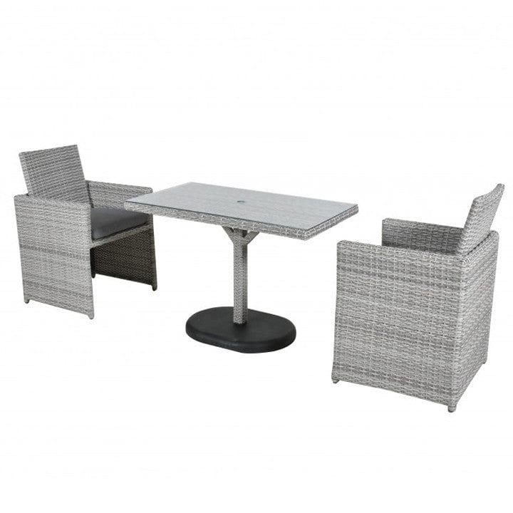 Załaduj obraz do przeglądarki galerii, grey bistro set - 2 armchairs with dark grey cushions and a glass topped rectangular table with a hole centrally situated within the table for a parasol

