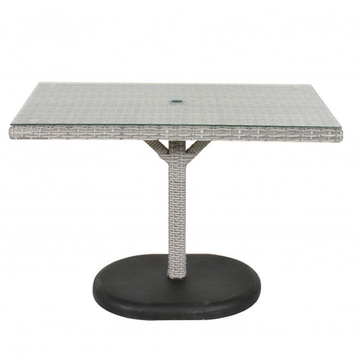 Load image into Gallery viewer, glass topped rectangular table with hole for parasol centrally situated within the table
