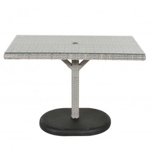 glass topped rectangular table with hole for parasol centrally situated within the table