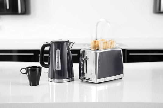 russell hobbs luna 2 slice toaster in moonlight grey next to kettle