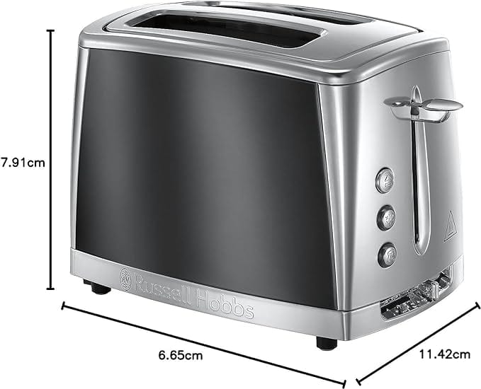 Load image into Gallery viewer, russell hobbs luna 2 slice toaster in moonlight grey with dimensions
