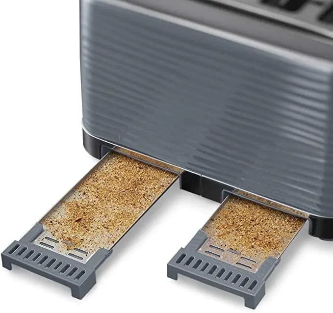 Load image into Gallery viewer, grey russell hobbs inspire 4 slice toaster separate bread crumb trays
