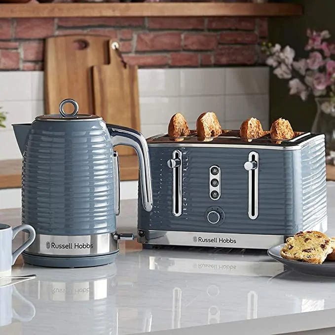 Załaduj obraz do przeglądarki galerii, grey russell hobbs inspire 4 slice toaster next to grey inspire kettle
