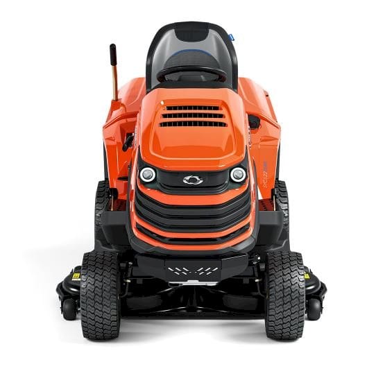 Load image into Gallery viewer, front view of orange 724cc ride-on lawnmower with rear discharge &amp; 380 litre collection bag
