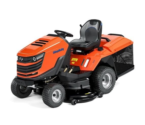 orange 724cc ride-on lawnmower with rear discharge & 380 litre collection bag