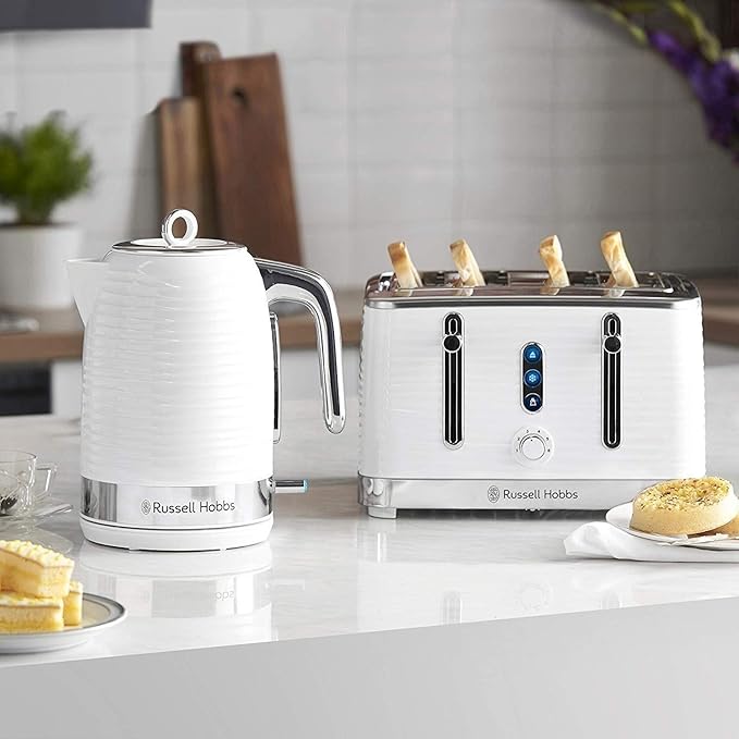 Załaduj obraz do przeglądarki galerii, white russell hobbs inspire 4 slice toaster next to inspire kettle
