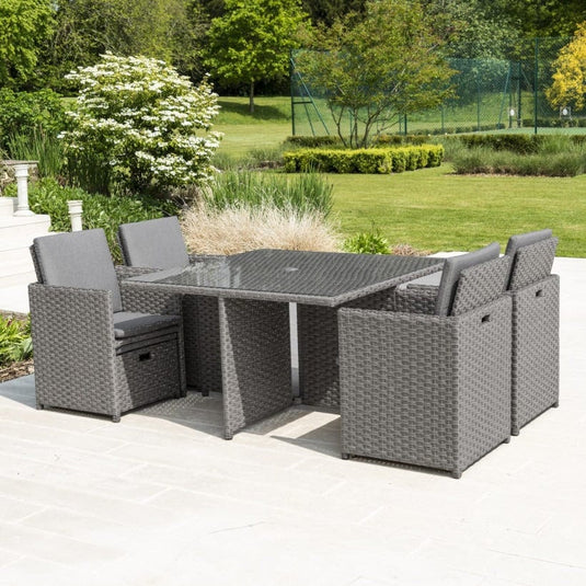 grey 4 seater cube set with square table and 4 ottomans