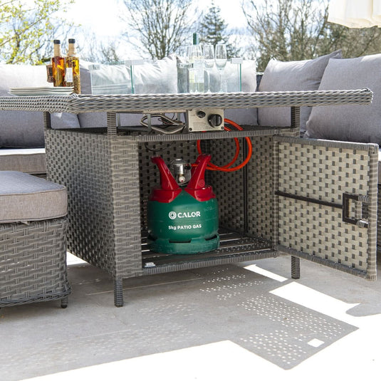 storage underneath square table for gas to supply the firepit