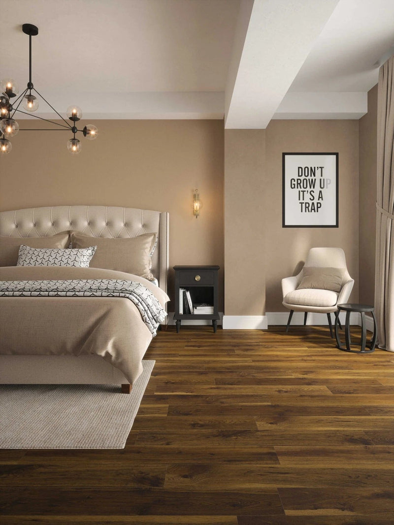 Load image into Gallery viewer, smoked cathedral oak laminate floor displayed in a bedroom
