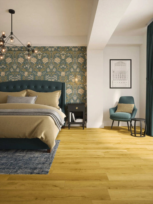 albi honey oak laminate flooring on display in a bedroom