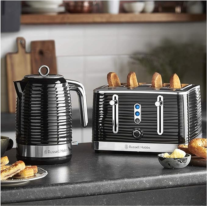 Load image into Gallery viewer, black russell hobbs inspire 4 slice toaster next to kettle
