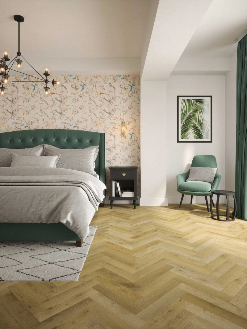 Załaduj obraz do przeglądarki galerii, privas oak herringbone laminate flooring displayed in a bedroom
