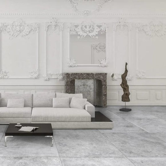 bardiglio grey matt tile 80x80cm displayed in a living area