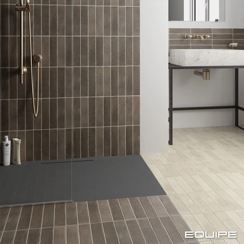 Load image into Gallery viewer, argile tile in cacao 6x24.6cm in bathroom
