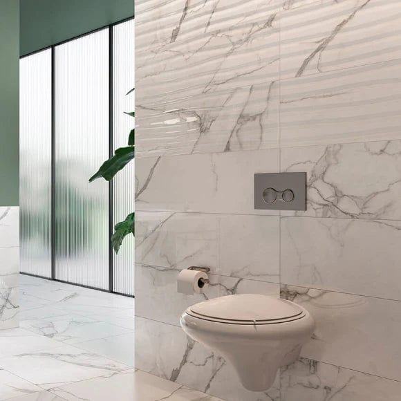 Завантажте зображення в засіб перегляду галереї, white glossy B&amp;W star tile 30x90cm displayed in a bathroom
