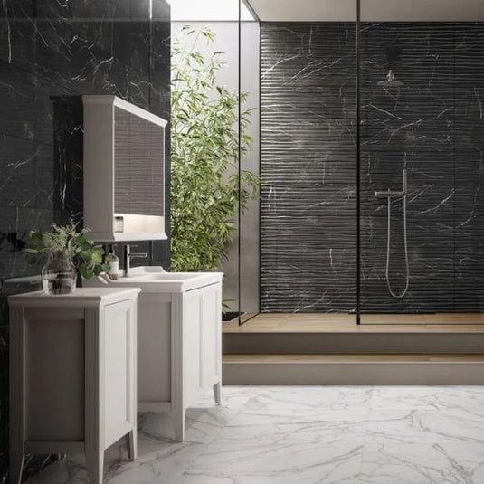 B&W star tile in black decor glossy, 30x90cm in the bathroom