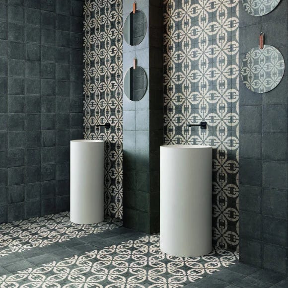 Load image into Gallery viewer, black norland tile 20x20cm displayed in a bathroom
