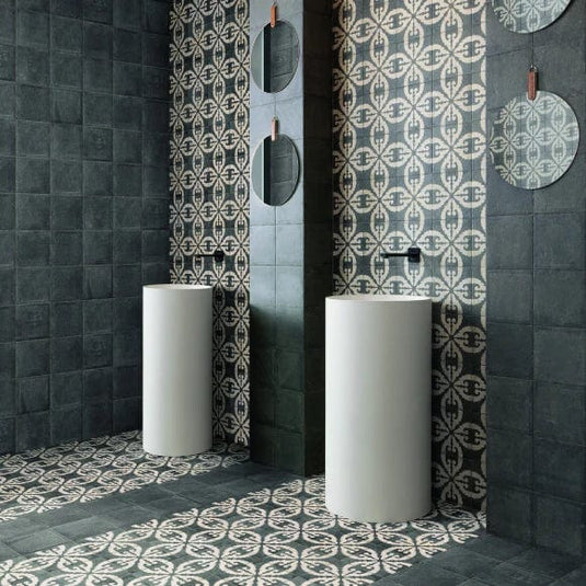 black norland tile 20x20cm displayed in a bathroom
