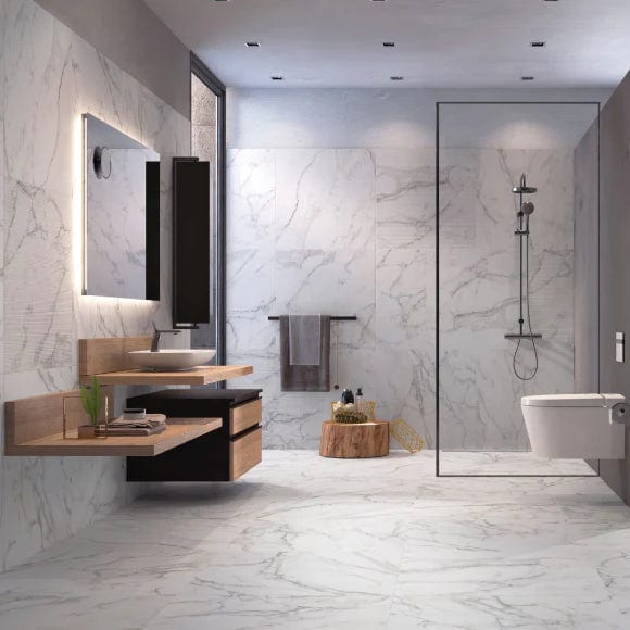 Load image into Gallery viewer, white honed touch calacatta tile 80x80cm displayed in a bathroom
