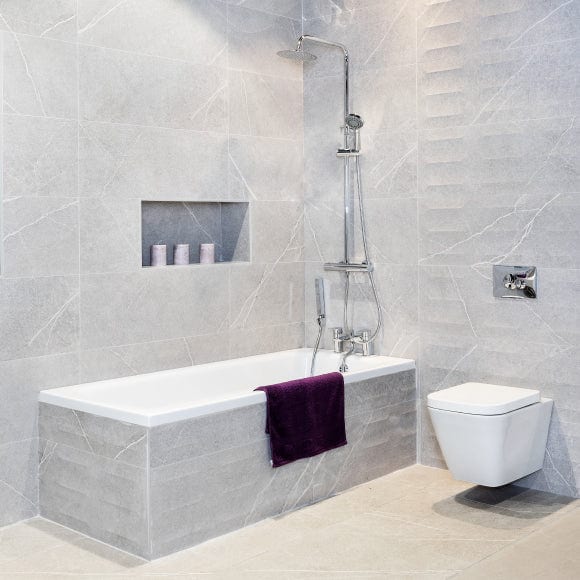 Load image into Gallery viewer, grey matt camden tile 33.3x90cm displayed in a bathroom

