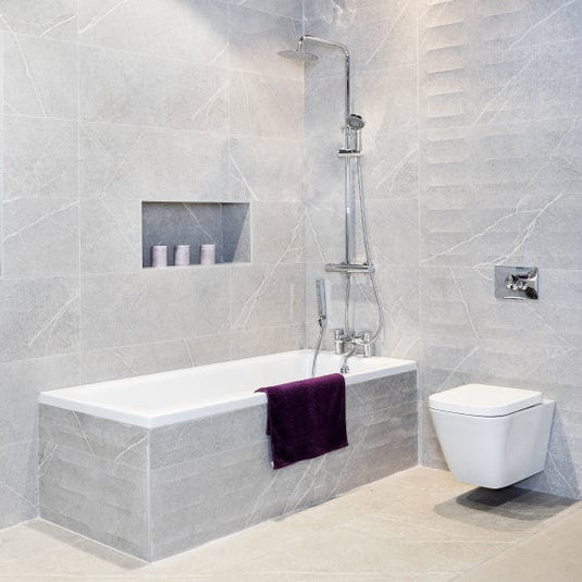 grey matt camden tile 33.3x90cm displayed in a bathroom