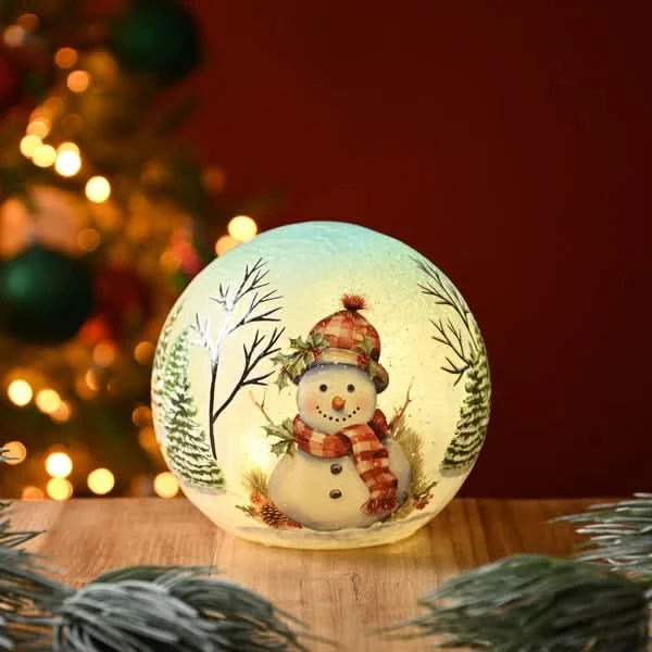 Festive 15Cm Bo Lit Holly Snowman Crackle Ball | P051242