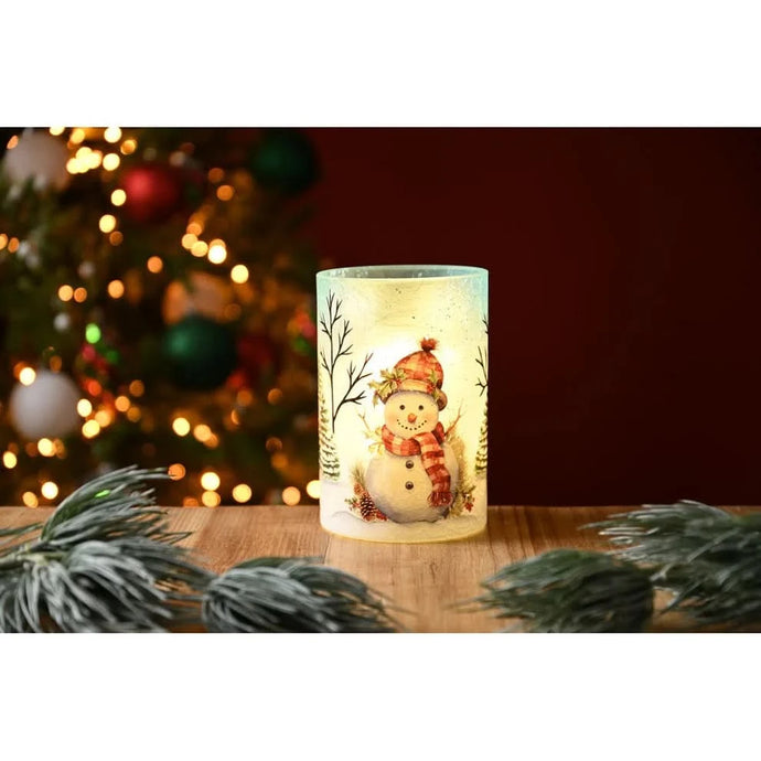 Festive 15Cm Bo Lit Holly Snowman Crackle Votive | P051243