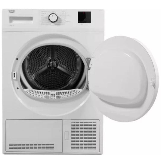 white condenser dryer with opened door