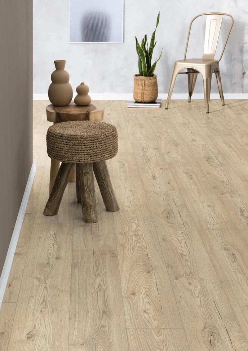 Load image into Gallery viewer, sand beige olchon oak large aqua laminate flooring displayed in a hallway

