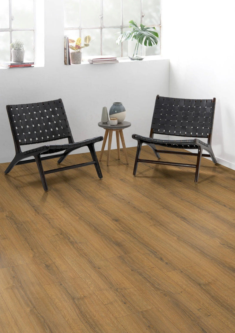 Load image into Gallery viewer, cognac brown sherman oak large aqua laminate flooring on display in a home setting
