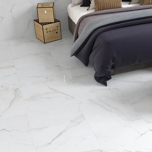 essential tile in white, 60x60cm displayed in the bedroom