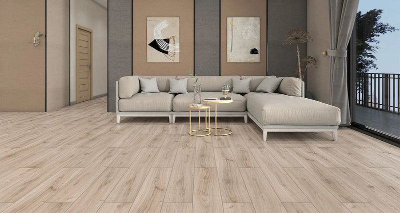 Załaduj obraz do przeglądarki galerii, kartaca oak aqua laminate flooring on display in a living area
