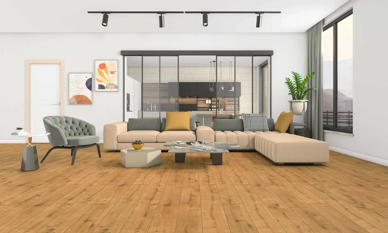 Load image into Gallery viewer, farmhouse oak laminate flooring on display in a living area
