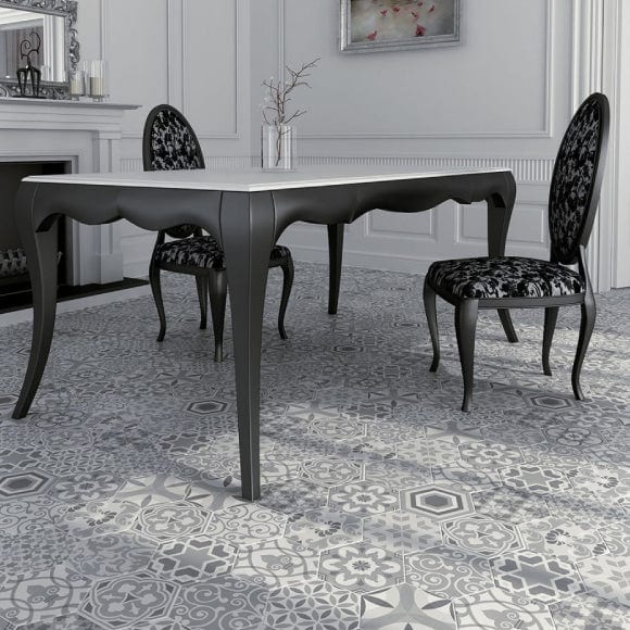 Załaduj obraz do przeglądarki galerii, hexatile harmony in black and white, 17.5x20cm as flooring
