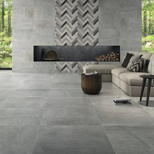 ice and smoke tile in ice grey, 60x60cm displayed in the living room
