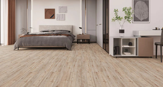 benfica mese oak laminate flooring displayed in a bedroom