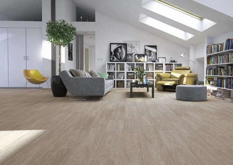 Load image into Gallery viewer, dapple grey oak laminate flooring on display in a living area
