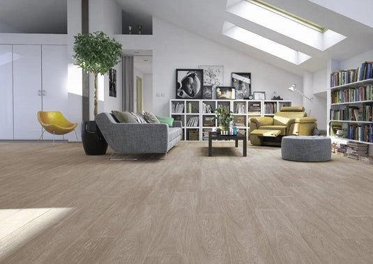 dapple grey oak laminate flooring on display in a living area