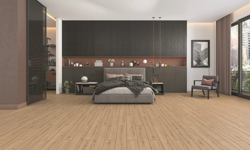 Load image into Gallery viewer, alkum oak laminate flooring on display in a bedroom

