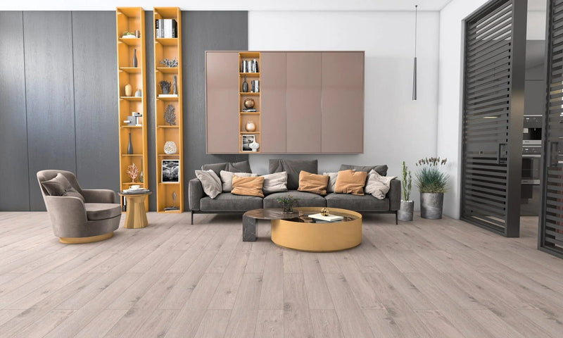Завантажте зображення в засіб перегляду галереї, dibek mese oak laminate flooring on display in a living area
