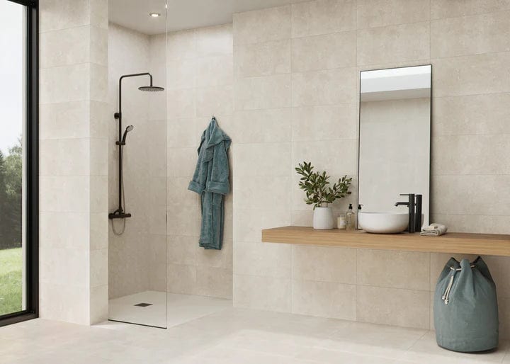 Load image into Gallery viewer, leiria tile in almond satin, 33.3x90cm in the bathroom
