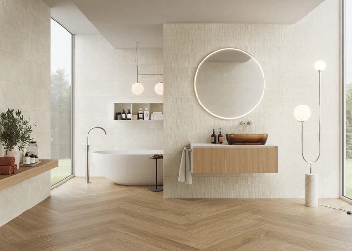 Load image into Gallery viewer, leiria tile in natural satin, 33.3x90cm in the bathroom

