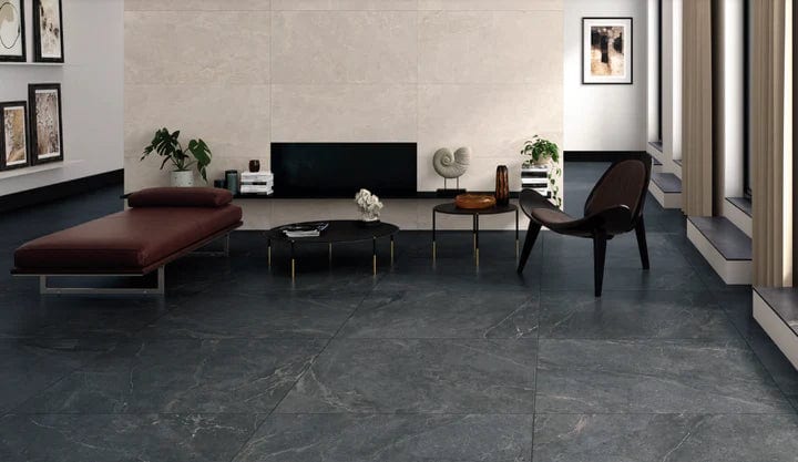Load image into Gallery viewer, anthracite matt lithos tile 100x100cm displayed in a living area
