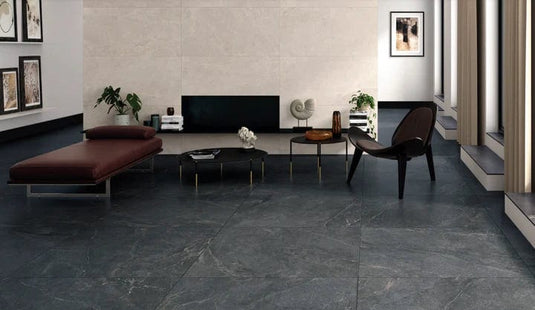 anthracite matt lithos tile 100x100cm displayed in a living area