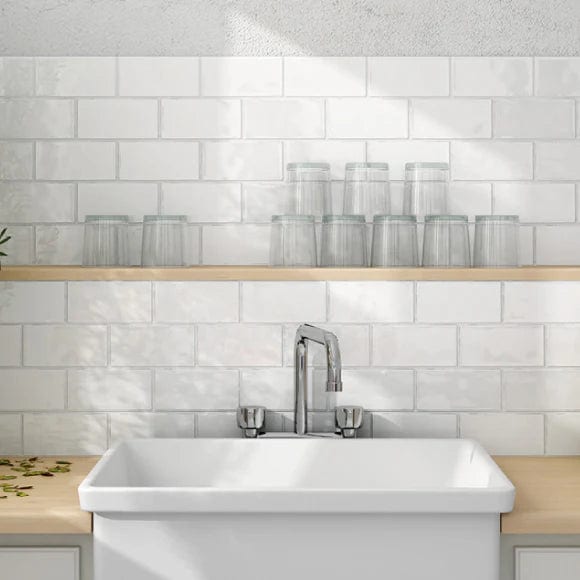 Load image into Gallery viewer, masia tile in blanco, 7.5x15cm in the kitchen
